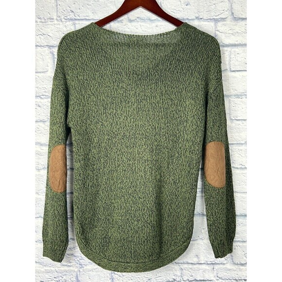 Cupcake Womens Size M Army Green Sweater V Neck Elbow Patch Side Slits Cozy T4 - Picture 5 of 12